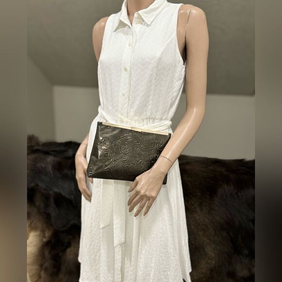 Handmade Genuine Embossed Cowhide, Articulated Metal Frame Clutch/Evening Bag - Picture 2 of 13